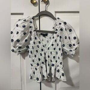White and Navy blue floral summer top!